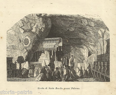 Sicilia, Palermo: Grotta Di Santa Rosalia. Animata Veduta Interna. Xilografia Dell'800