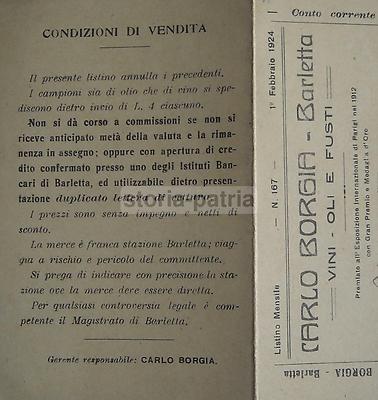 Enologia, Vino, Olio: Antico Listino, Puglia, Barletta, Borgia. Pieghevole d'Epoca, 1924