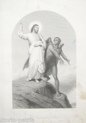 Incisione Inglese: Tentazione Di Gesù Stampa Biblica Dell'800