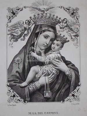 Antica Stampa Popolare Devozionale. Napoli. Litografia Apicella. Madonna Del Carmelo.