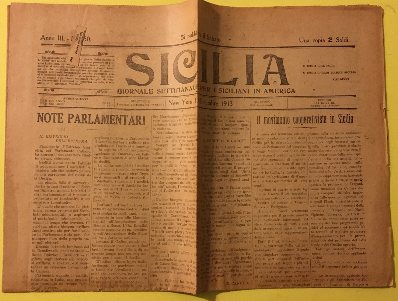 Sicilia: Emigrazione, Siciliani In America, Palermo, Movimento Cooperativista (Dicembre 1913)