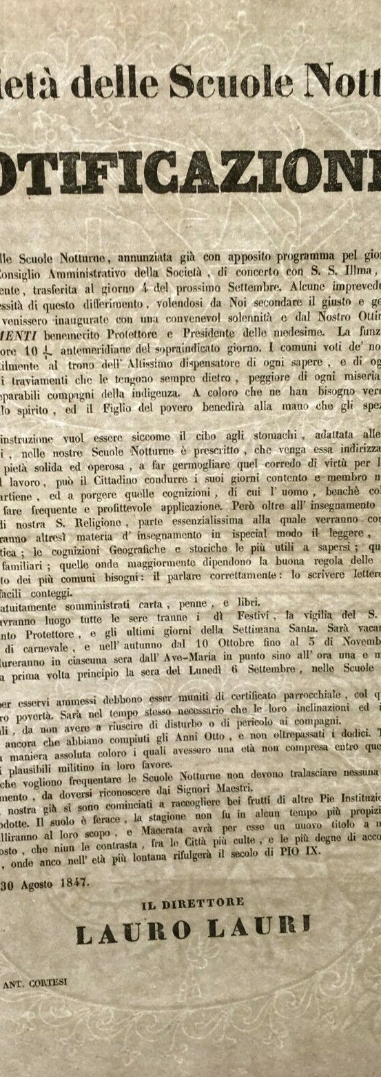 Didattica, Scuola E Scuole Notturne: Marche, Macerata, Lauri, Clementi, Filigranato, 1847