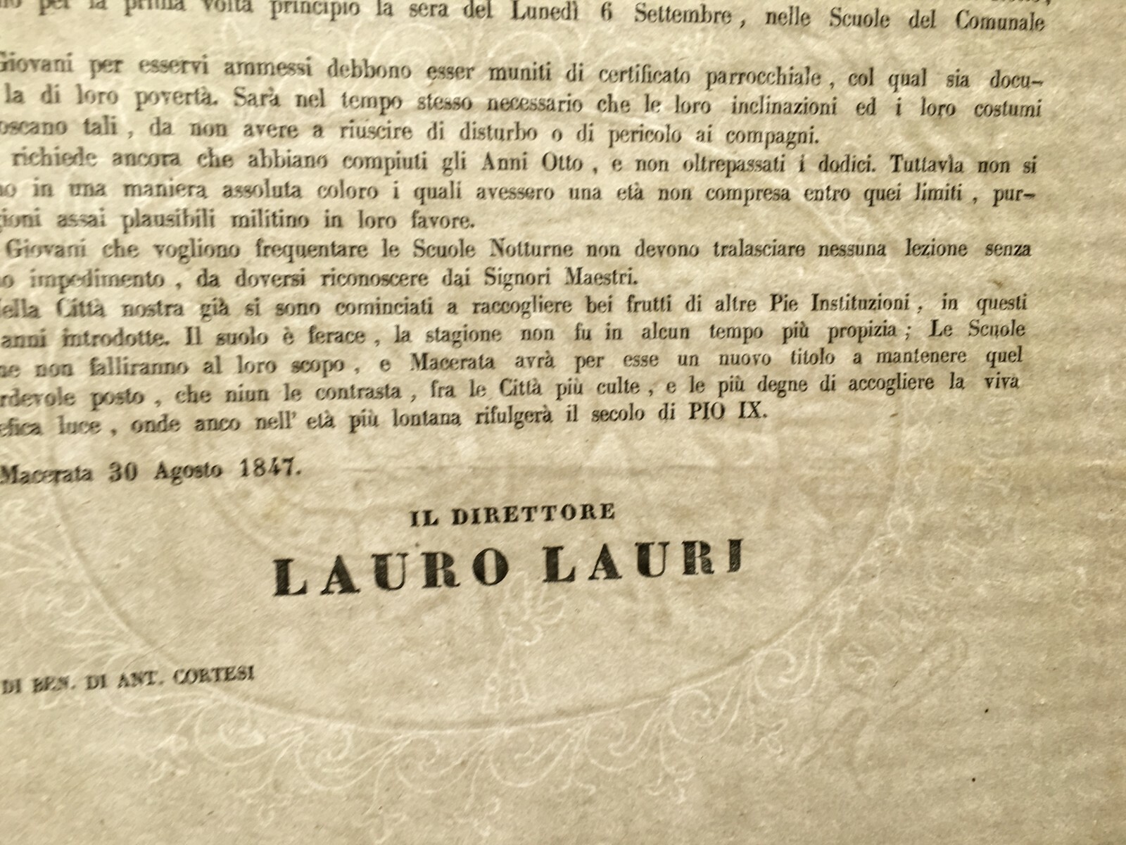 Didattica, Scuola E Scuole Notturne: Marche, Macerata, Lauri, Clementi, Filigranato, 1847