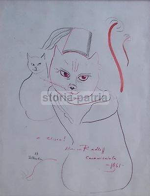 Lilian Von Radloff: Disegno Originale A Colori Con Gatti, Ischia, 1961