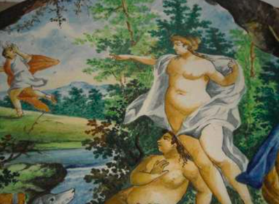 Arte E Mitologia: Piatto In Ceramica Con Scena Mitologica E Nudi Femminili