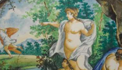 Arte E Mitologia: Piatto In Ceramica Con Scena Mitologica E Nudi Femminili