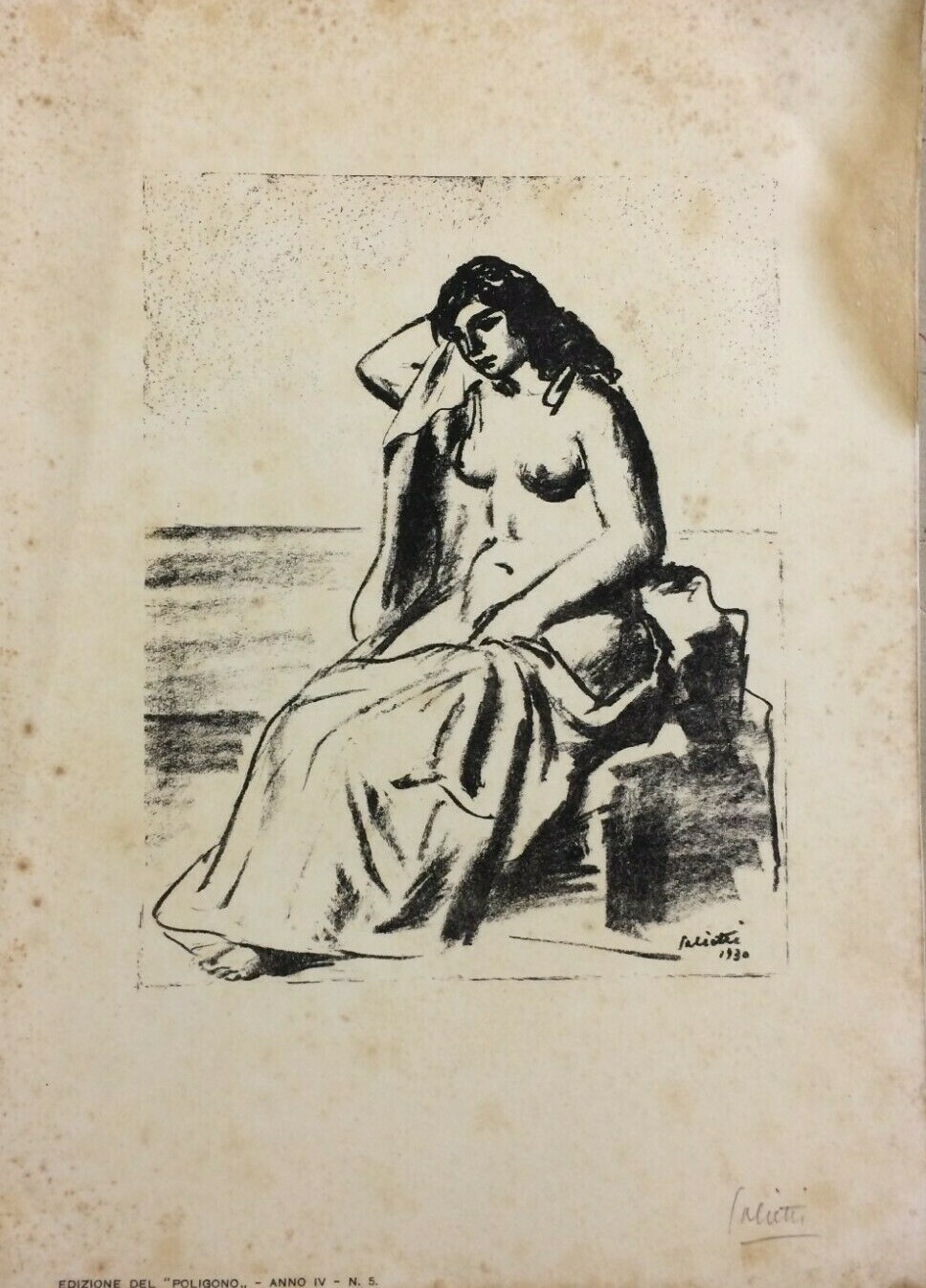 Arte Del Novecento: Alberto Salietti, Litografia Originale, Nudo Femminile