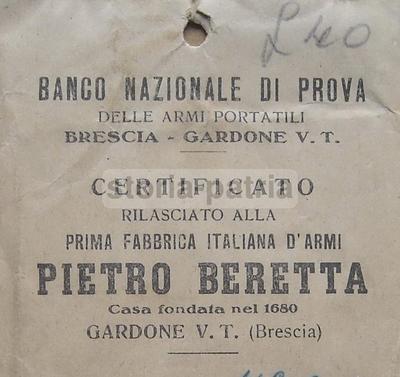 Brescia, Gardone, Sport, Caccia, Beretta, Certificato Di Prova Di Banco