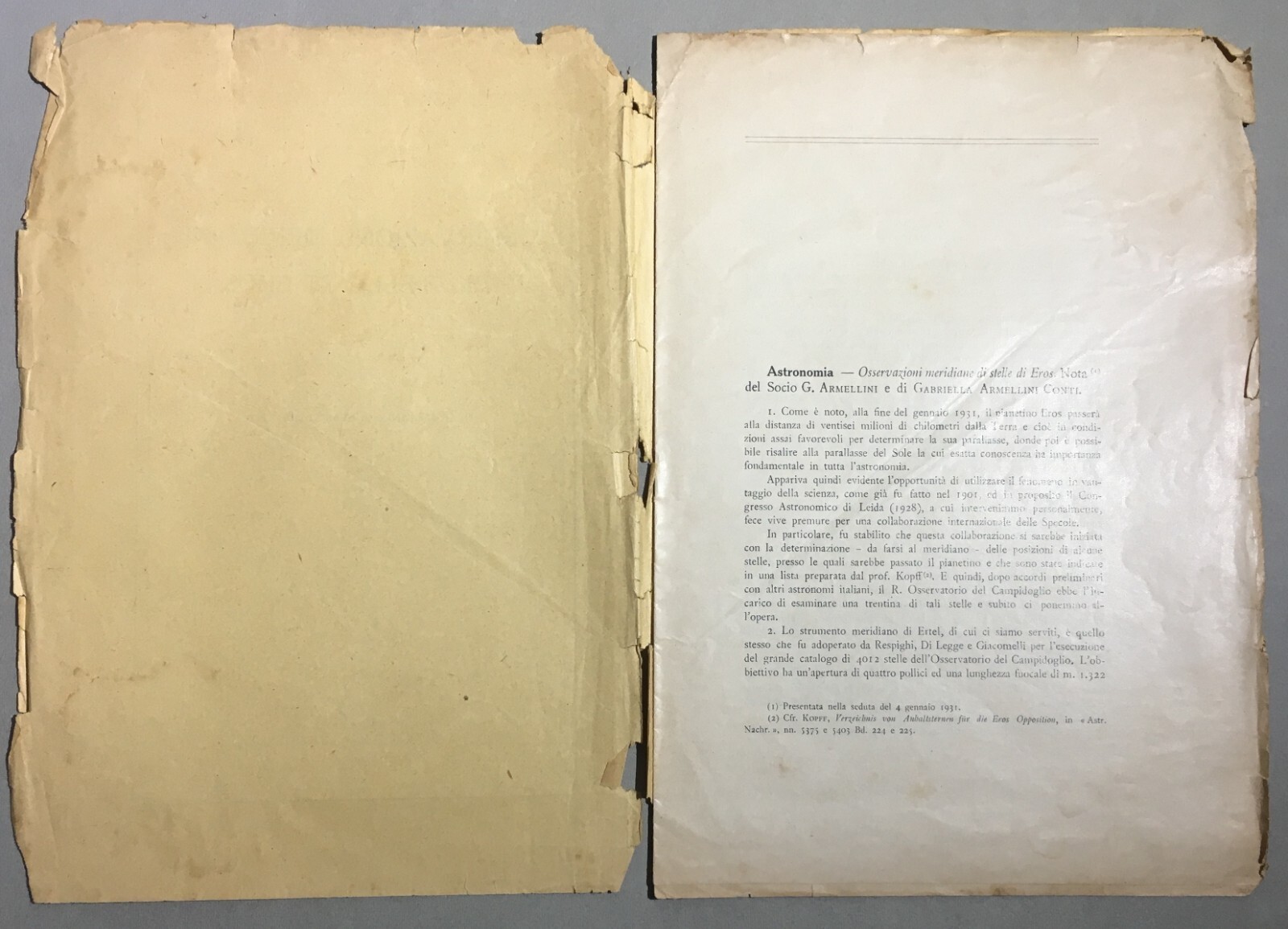 Astronomia Armellini: Osservazioni Meridiane Di Stelle Di Eros   Estratto Del 1931