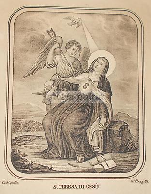 Santa Teresa Di Gesù, Antica Stampa Popolare Devozionale, Litografia Napoletana Del XIX Secolo
