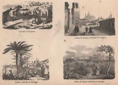 Sardegna: Sanluri, Oristano, Cagliari, Sassari. Antica Stampa Con Quattro Vedute Del XIX Secolo