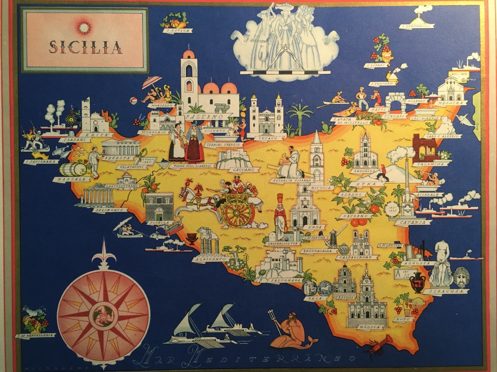 Economia, Folklore, Pesca, Arte: Mappa Turistica Della Sicilia   Italgeo   Farmitalia