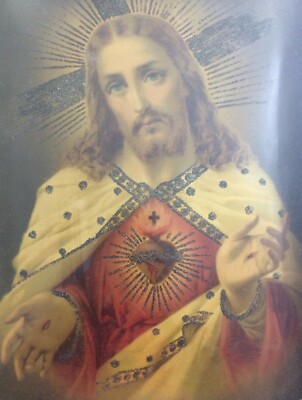 Stampa Popolare Devozionale   Cuore Di Gesù   Iconografia Con Brillantini