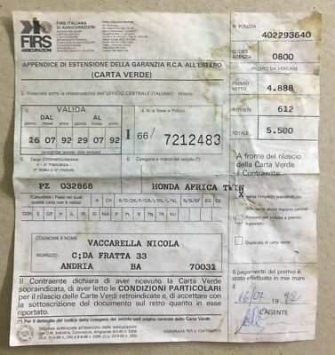 Motociclismo, Motori: Honda Africa Twin, Assicurazioni FIRS, Carta Verde Vintage, 1992