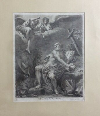 Arte Devozionale: San Girolamo, Antica Incisione All'Acquaforte Di Grandi Dimensioni