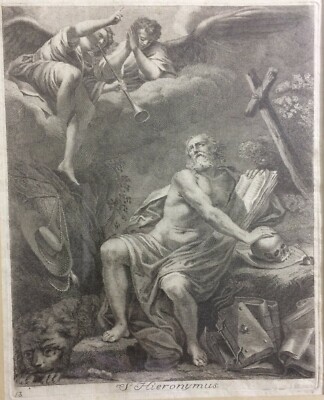 Arte Devozionale: San Girolamo, Antica Incisione All'Acquaforte Di Grandi Dimensioni