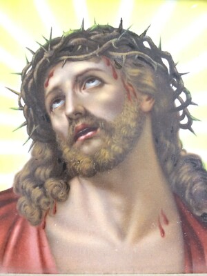 Gesù Cristo Con Corona Di Spine, Mattonella In Ceramica Decorata E Incorniciata
