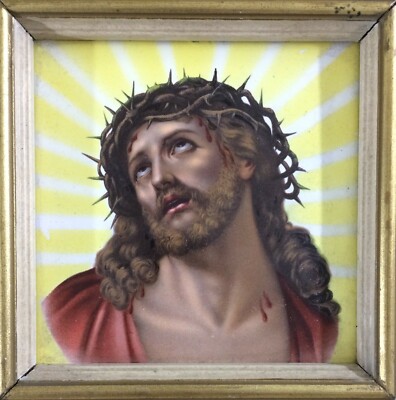 Gesù Cristo Con Corona Di Spine, Mattonella In Ceramica Decorata E Incorniciata