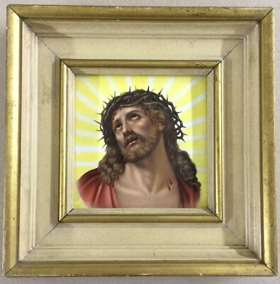 Gesù Cristo Con Corona Di Spine, Mattonella In Ceramica Decorata E Incorniciata