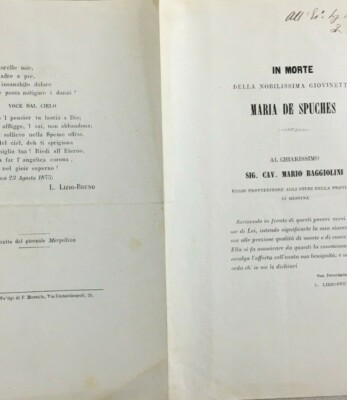Sicilia, Messina. Lizio Bruno, Baggiolini, Maria De Spuches. Antico Necrologio, 1875
