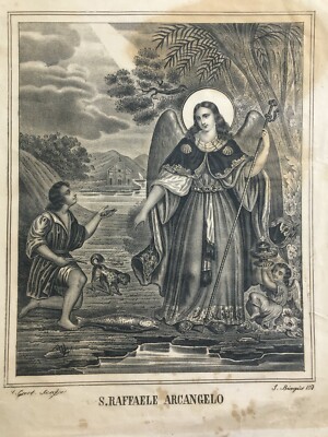 Arte Popolare Devozionale: San Raffaele Arcangelo, Tobia E Il Pesce. Litografia Scafa, Napoli