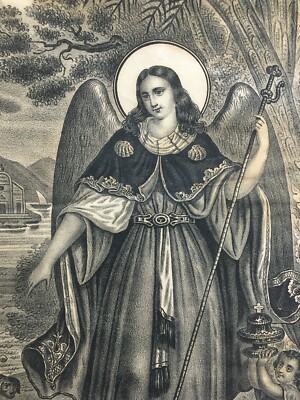 Arte Popolare Devozionale: San Raffaele Arcangelo, Tobia E Il Pesce. Litografia Scafa, Napoli