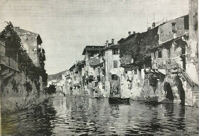 Veneto, Verona, Arte: L'Adigetto, Stampa Antica Dell'Artista Rubens Santoro, 1884