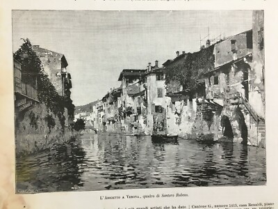 Veneto, Verona, Arte: L'Adigetto, Stampa Antica Dell'Artista Rubens Santoro, 1884