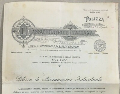 L'Assicuratrice Italiana Infortuni Milano Antica Polizza Antrodoco