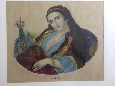 La Sera: Antica Allegoria Artistica. Donna Con Piuma E Gatto, Litografia Colorata Del XIX Secolo