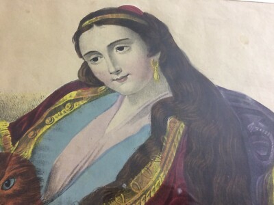 La Sera: Antica Allegoria Artistica. Donna Con Piuma E Gatto, Litografia Colorata Del XIX Secolo