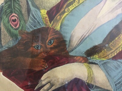 La Sera: Antica Allegoria Artistica. Donna Con Piuma E Gatto, Litografia Colorata Del XIX Secolo