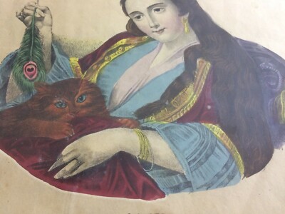 La Sera: Antica Allegoria Artistica. Donna Con Piuma E Gatto, Litografia Colorata Del XIX Secolo