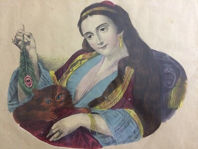 La Sera: Antica Allegoria Artistica. Donna Con Piuma E Gatto, Litografia Colorata Del XIX Secolo