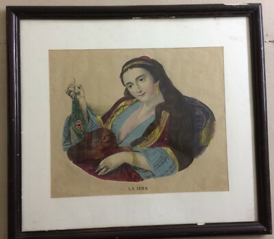 La Sera: Antica Allegoria Artistica. Donna Con Piuma E Gatto, Litografia Colorata Del XIX Secolo