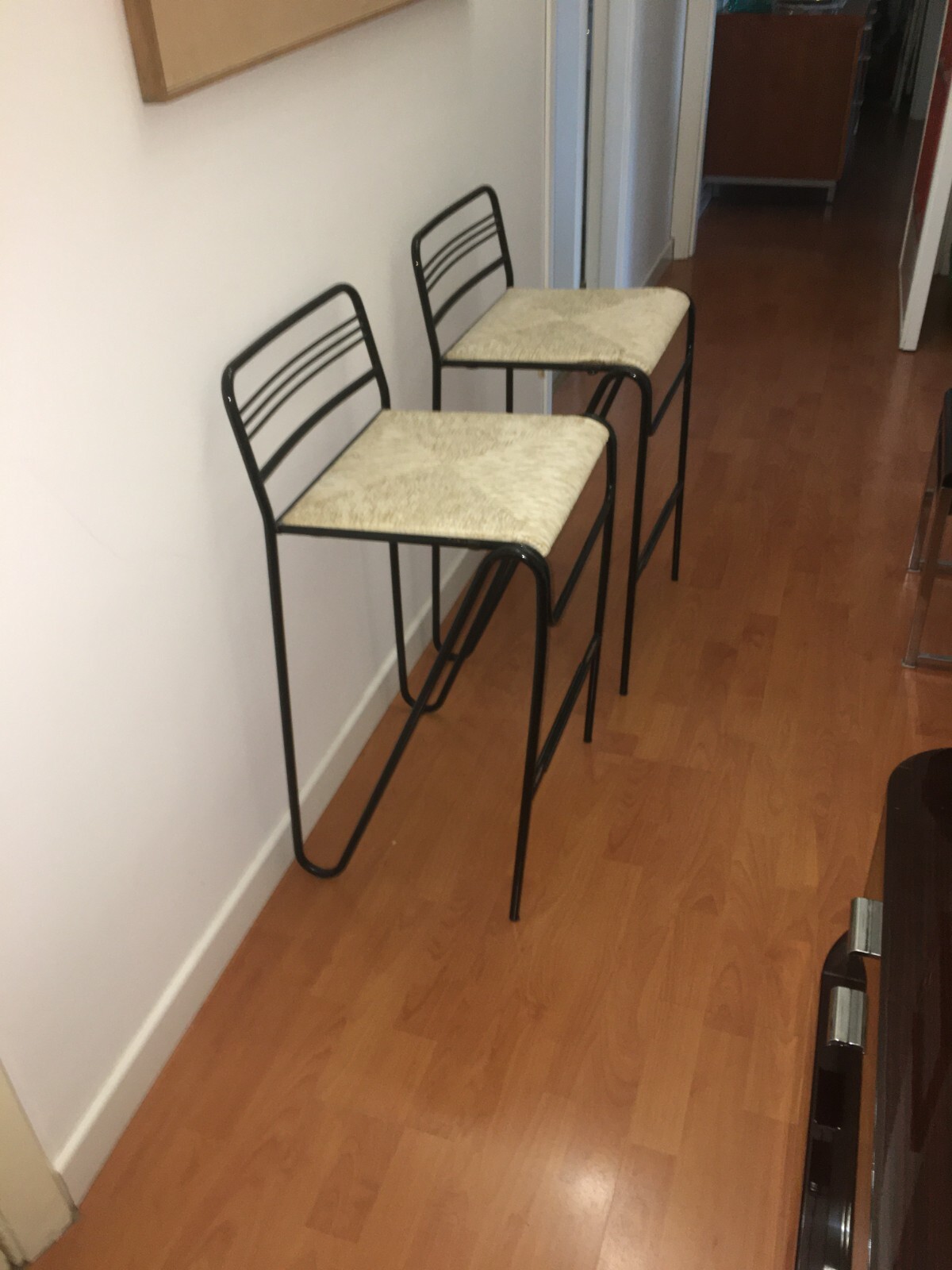 Coppia Di Sedie Sgabelli In Ferro E Paglia, Design Del Novecento