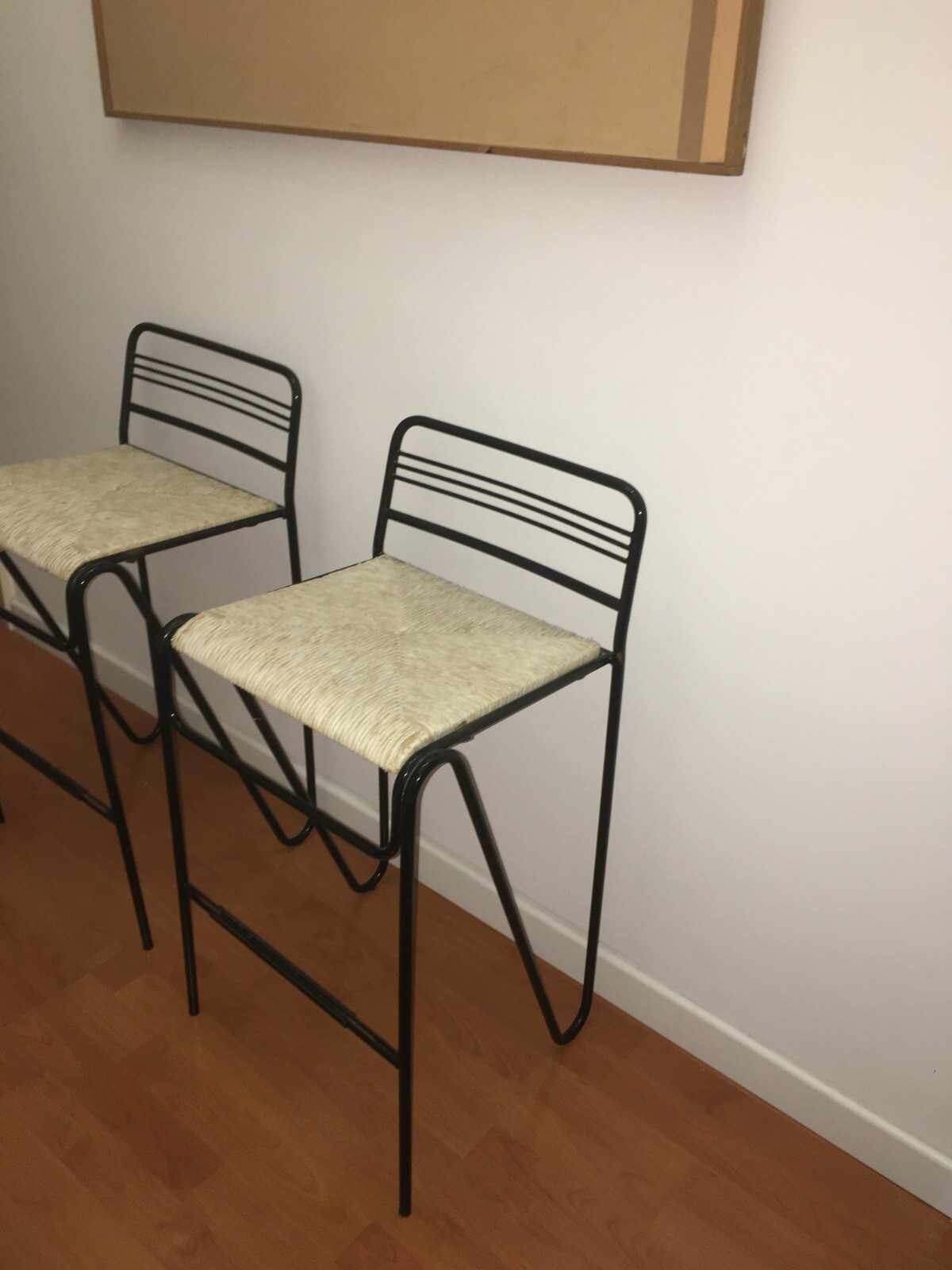 Coppia Di Sedie Sgabelli In Ferro E Paglia, Design Del Novecento