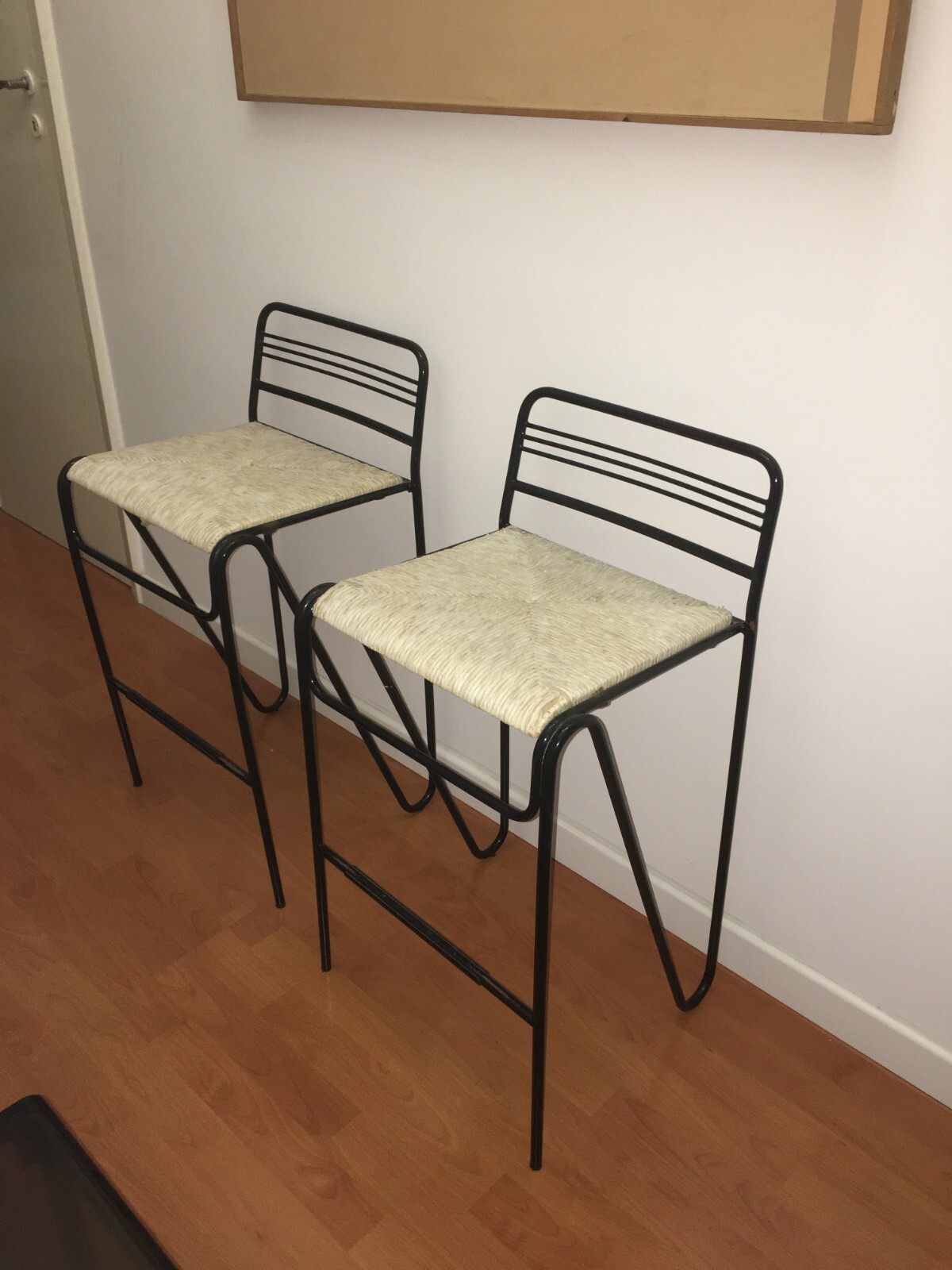 Coppia Di Sedie Sgabelli In Ferro E Paglia, Design Del Novecento