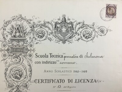 Abruzzo, Sulmona. Grande Diploma Decorativo Della Scuola Tecnica. Lito Salomone, Roma, 1909
