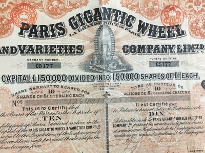 Parigi, Esposizione Universale. Grande Ruota Panoramica. Certificato Azionario, 1900