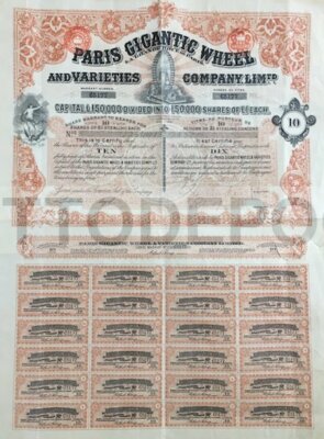 Parigi, Esposizione Universale. Grande Ruota Panoramica. Certificato Azionario, 1900