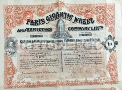Parigi, Esposizione Universale. Grande Ruota Panoramica. Certificato Azionario, 1900