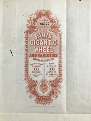 Parigi, Esposizione Universale. Grande Ruota Panoramica. Certificato Azionario, 1900