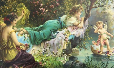 Arte: Suggestiva Scenografia, Cromolitografia Liberty. Scena Idilliaca Con Amorino