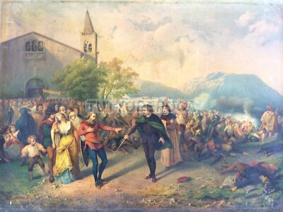 Lombardia, Animata Scenografia Con Processione E Tumulti Popolari, Opera Di Giulio Gorra, Borzino