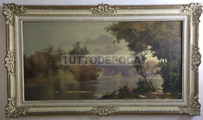 Arte: Suggestivo Antico Paesaggio Lacustre. Artista M. Rinaldi, XX Secolo