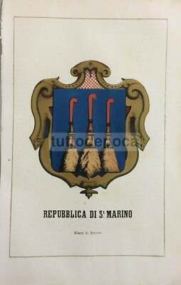 Araldica: Artistico Stemma Della Repubblica Di San Marino, Cromolitografia Bertotti, XIX Secolo