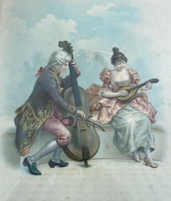 Musica E Musicisti: Coppia Di Musicanti Con Strumenti Musicali. Antica Stampa Del Primo '900