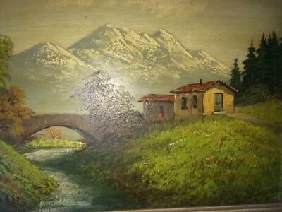 Arte Italiana Del '900: Paesaggio Montano Con Montagne Innevate, Baite E Ponte (Rossi)