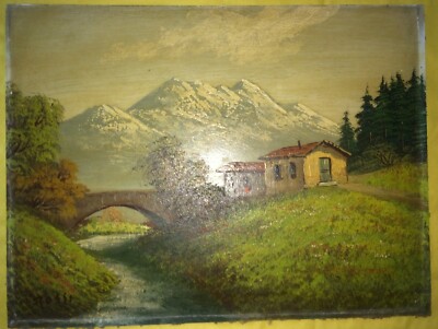 Arte Italiana Del '900: Paesaggio Montano Con Montagne Innevate, Baite E Ponte (Rossi)